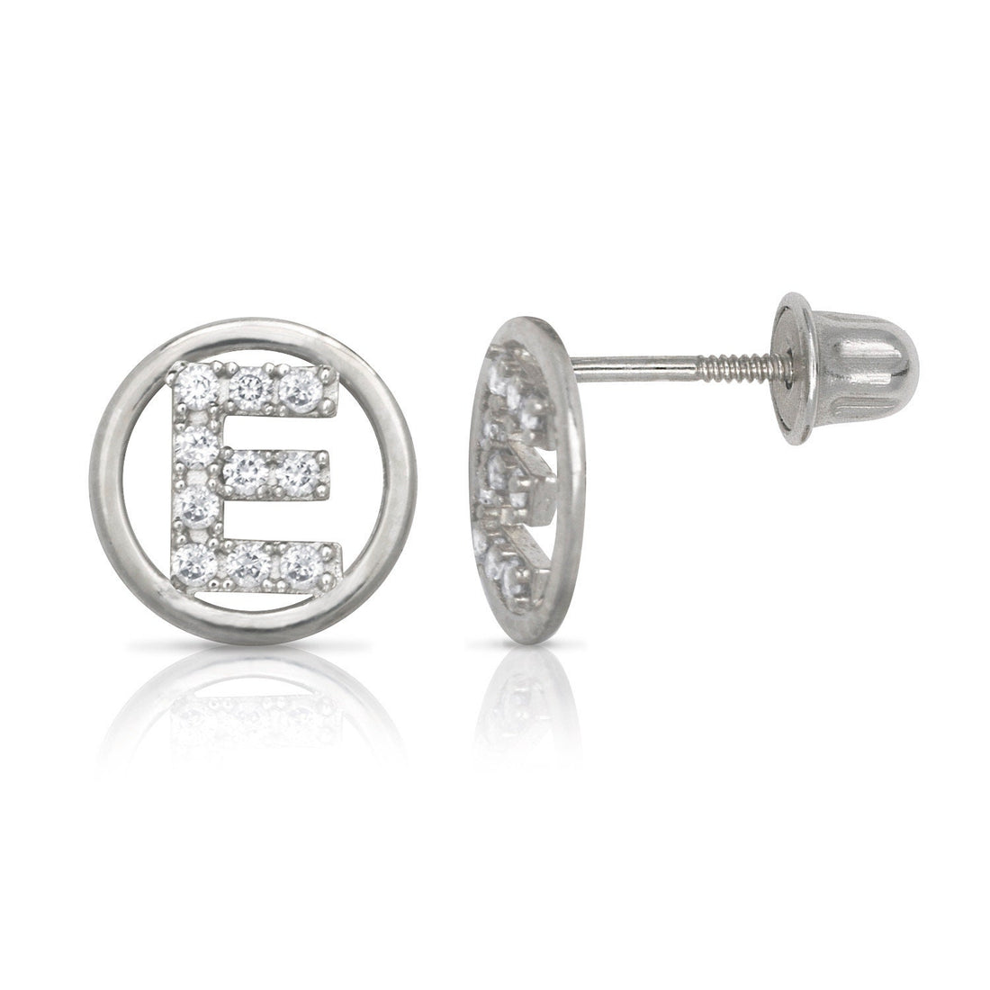 14k White Gold Small CZ Circle A-Z Initial Screw Back Earrings