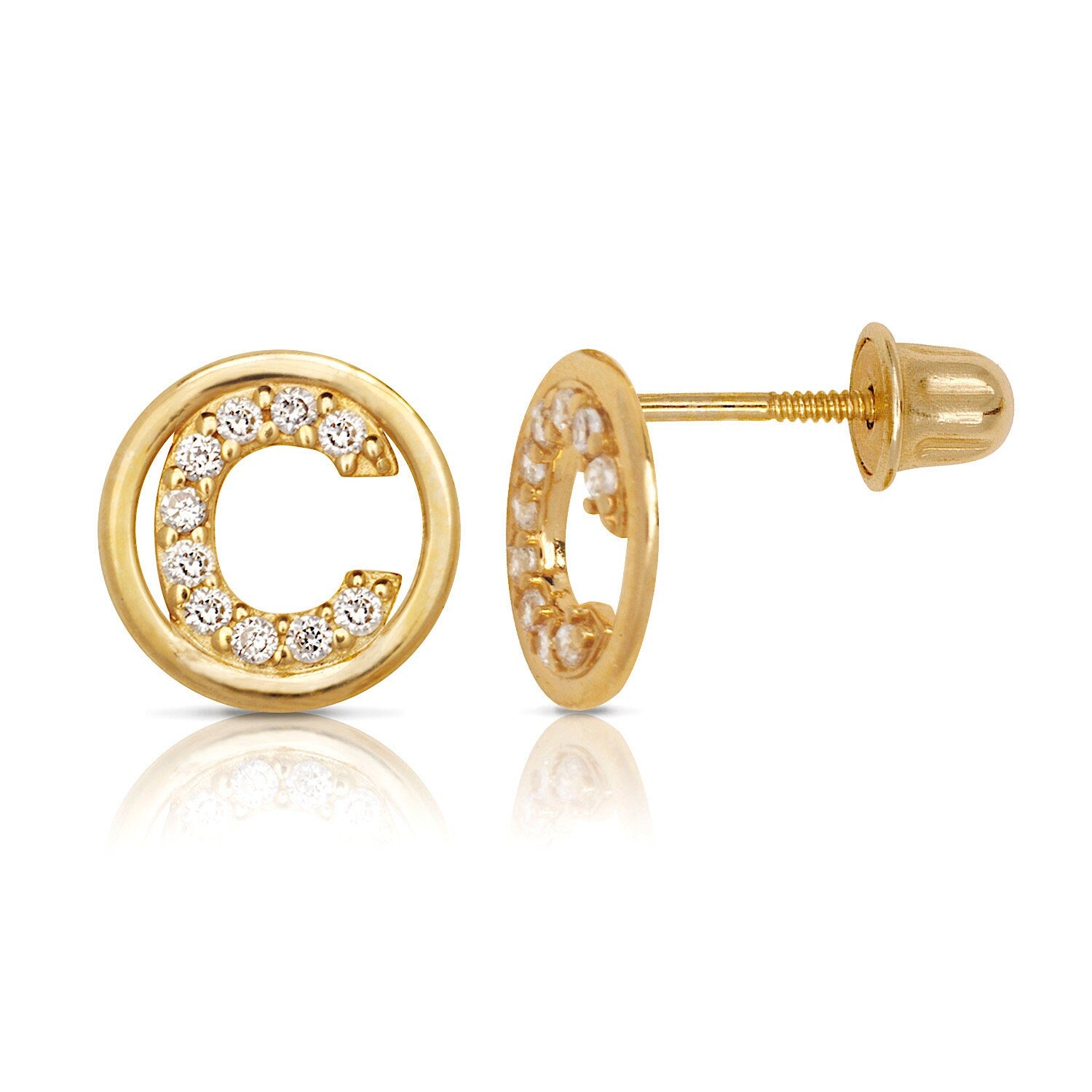 14k Yellow Gold Small CZ Circle A-Z Initial Screw Back Earrings