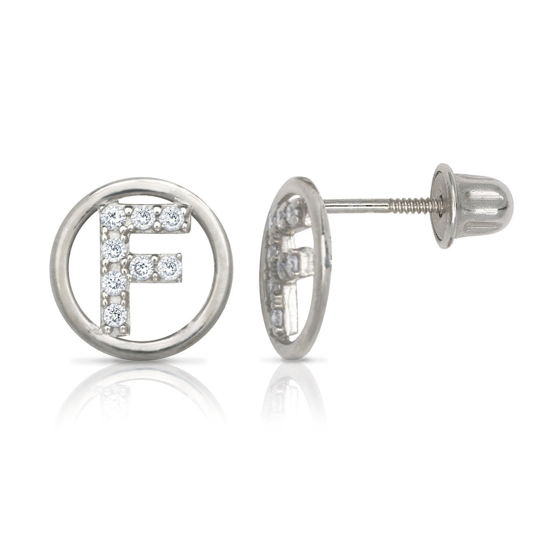 14k White Gold Small CZ Circle A-Z Initial Screw Back Earrings