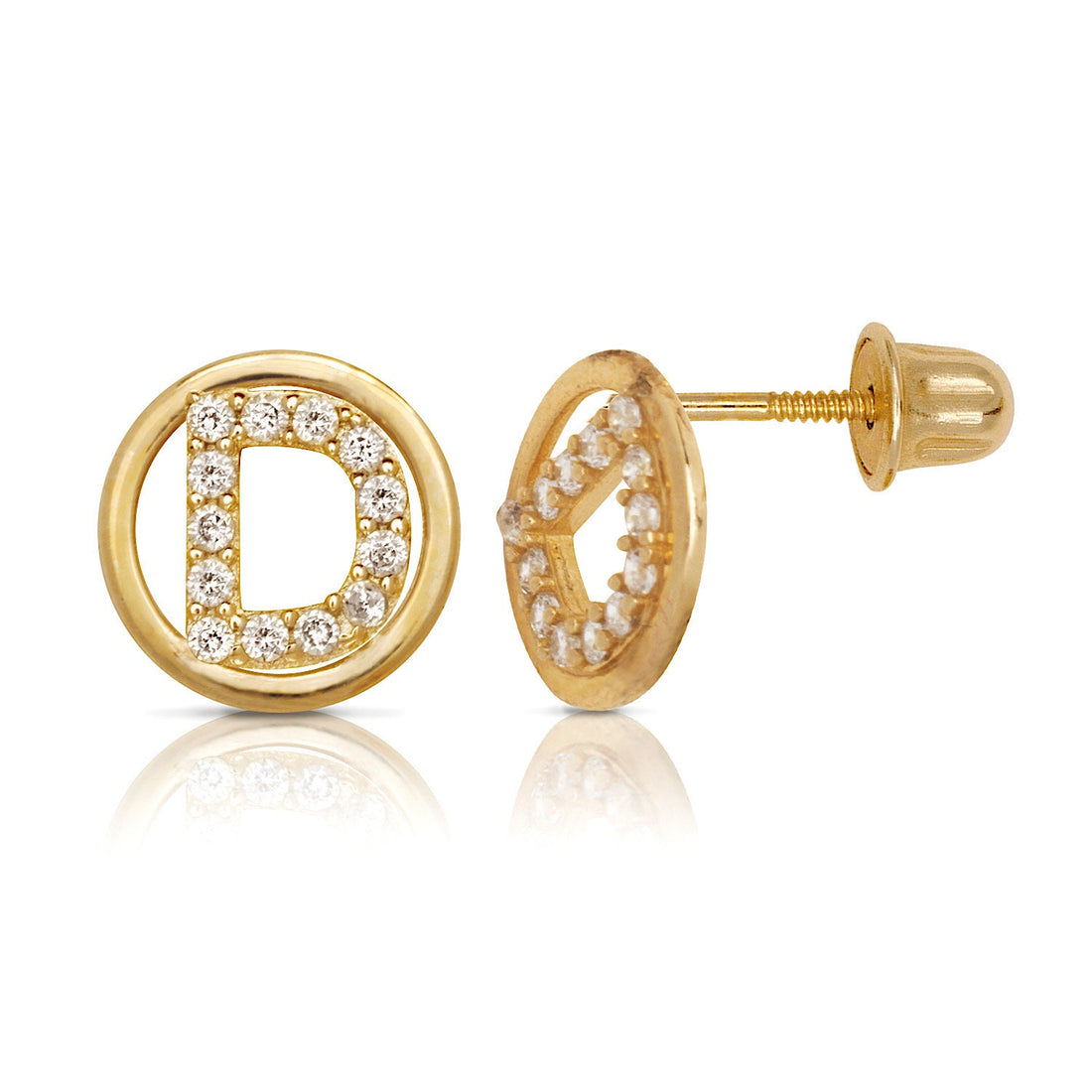 14k Yellow Gold Small CZ Circle A-Z Initial Screw Back Earrings