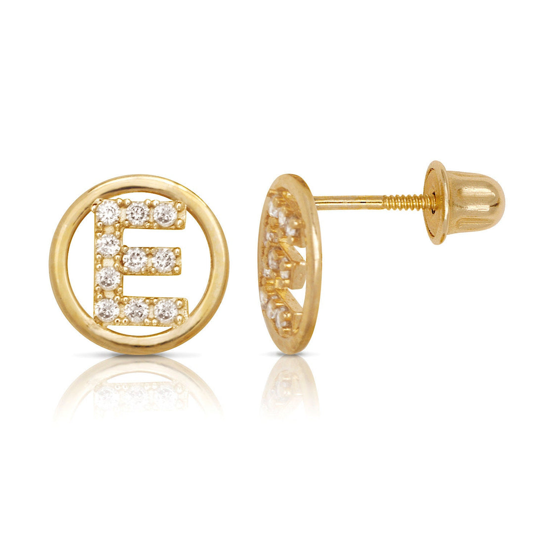 14k Yellow Gold Small CZ Circle A-Z Initial Screw Back Earrings