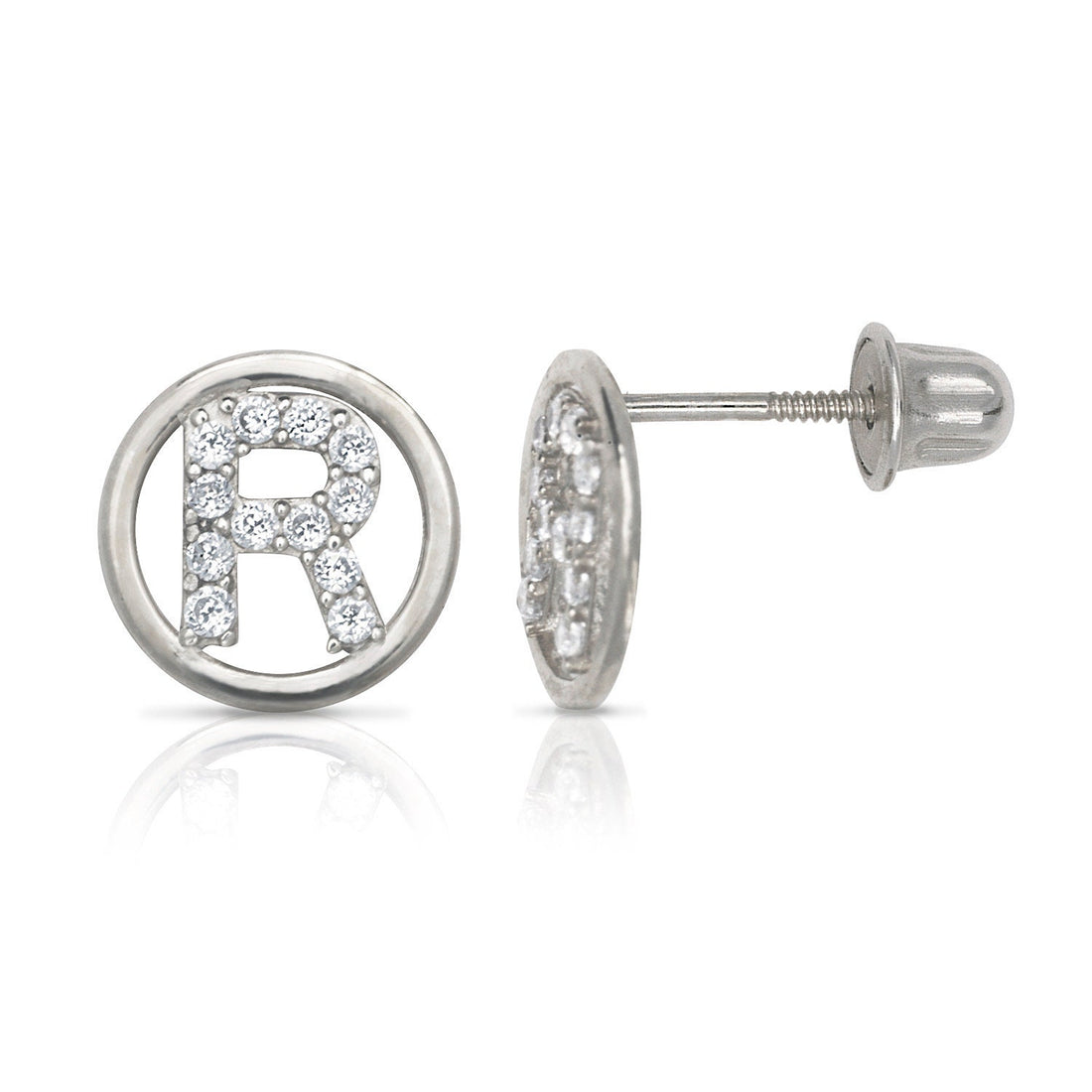 14k White Gold Small CZ Circle A-Z Initial Screw Back Earrings