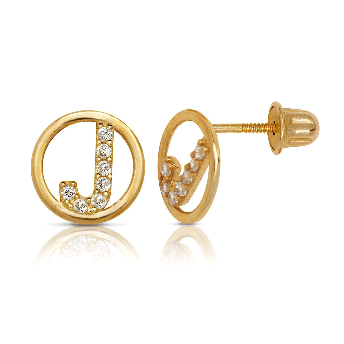 14k Yellow Gold Small CZ Circle A-Z Initial Screw Back Earrings