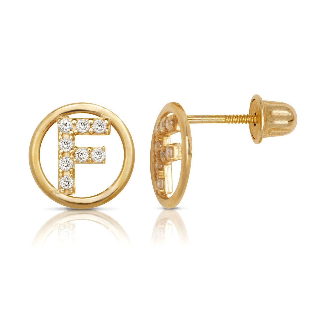 14k Yellow Gold Small CZ Circle A-Z Initial Screw Back Earrings