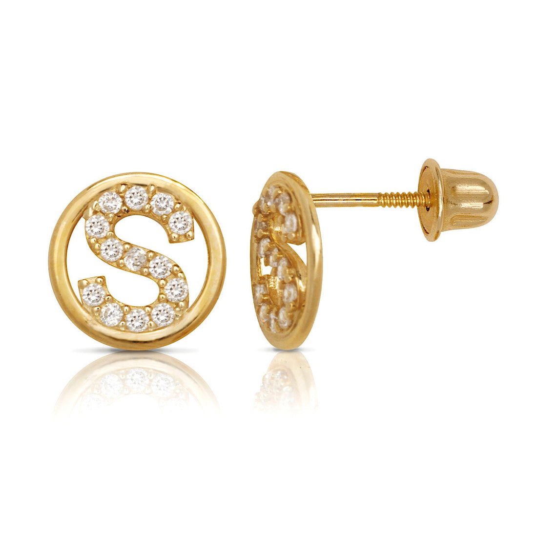 14k Yellow Gold Small CZ Circle A-Z Initial Screw Back Earrings