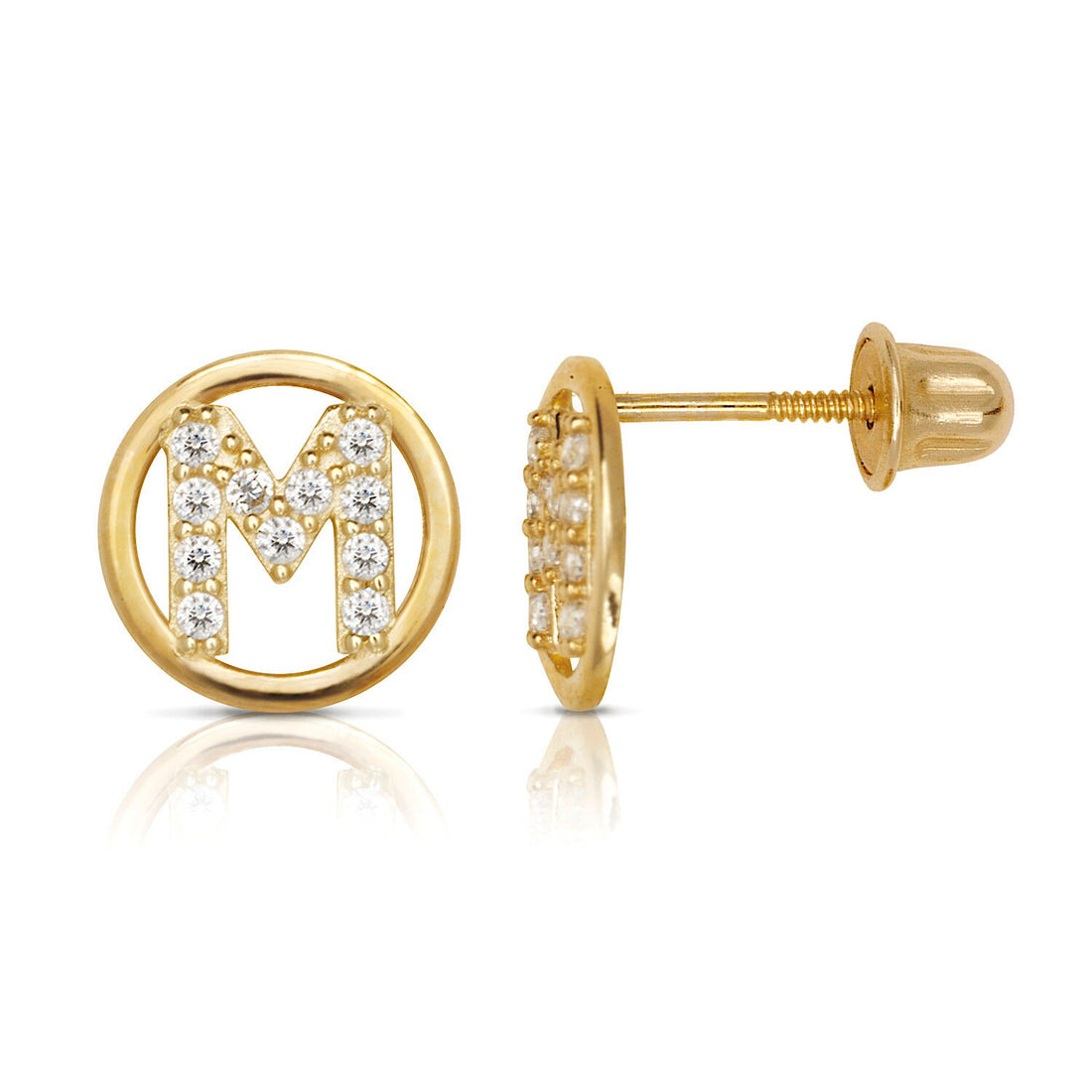 14k Yellow Gold Small CZ Circle A-Z Initial Screw Back Earrings