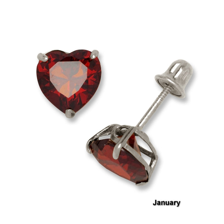 14K White Gold 6mm Heart-shaped CZ Birthstone Screw Back Earrings (12 Colors)