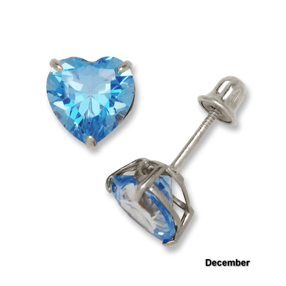 14K White Gold 6mm Heart-shaped CZ Birthstone Screw Back Earrings (12 Colors)