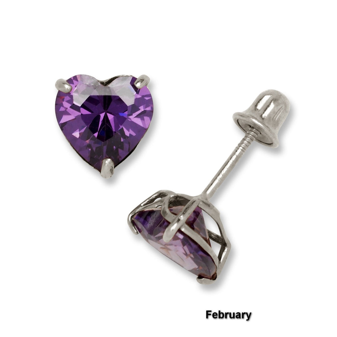 14K White Gold 6mm Heart-shaped CZ Birthstone Screw Back Earrings (12 Colors)