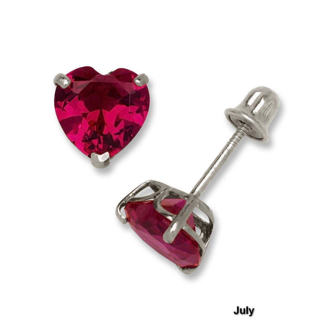 14K White Gold 6mm Heart-shaped CZ Birthstone Screw Back Earrings (12 Colors)