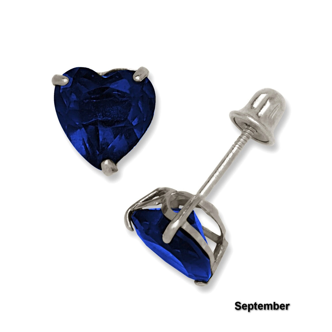 14K White Gold 6mm Heart-shaped CZ Birthstone Screw Back Earrings (12 Colors)