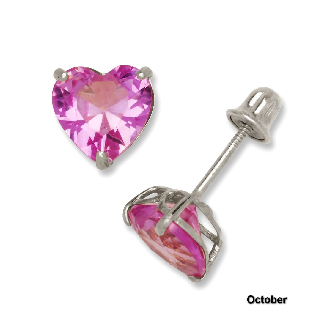 14K White Gold 6mm Heart-shaped CZ Birthstone Screw Back Earrings (12 Colors)