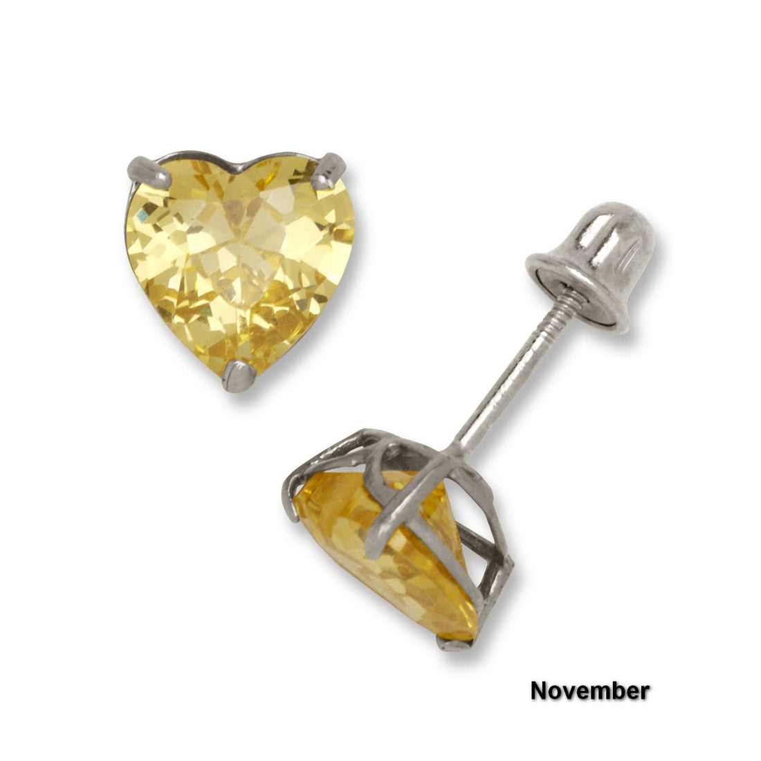 14K White Gold 6mm Heart-shaped CZ Birthstone Screw Back Earrings (12 Colors)