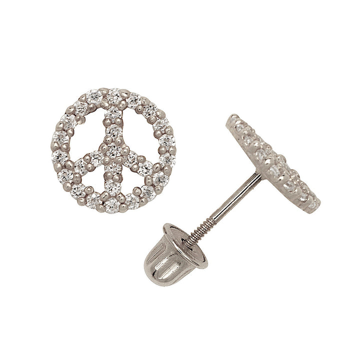 14k Gold 7mm CZ Peace Sign Screw Back Earrings (Yellow and White)