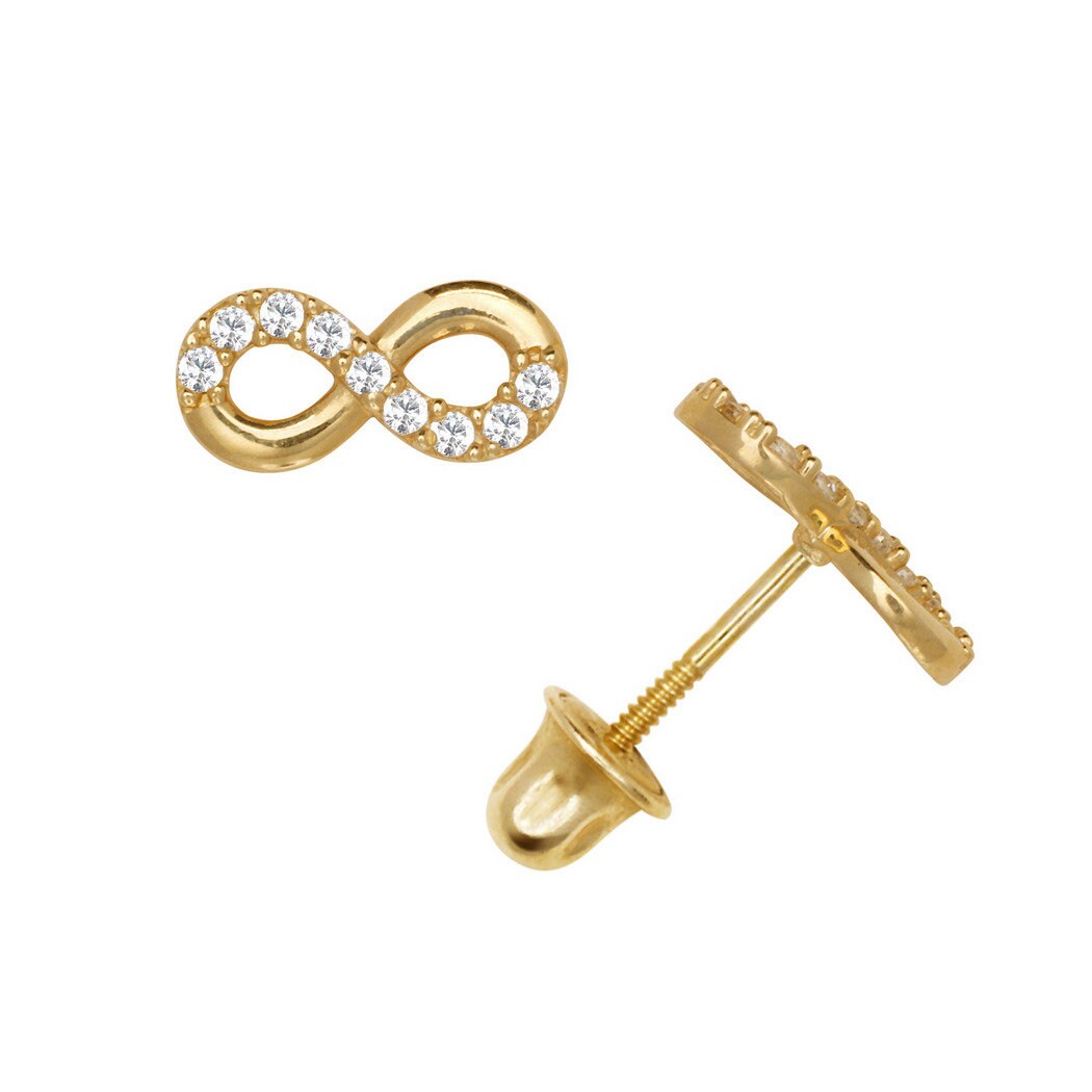 14k Gold CZ Infinity Screw back Stud Earrings - 8mm x 4mm