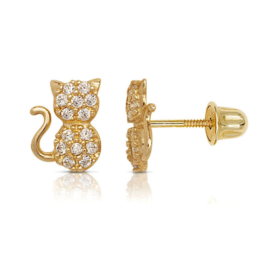 14k Gold 6x8mm CZ Sitting Cat Screw Back Earrings (Clear, Pink, or Red) (Yellow or White)