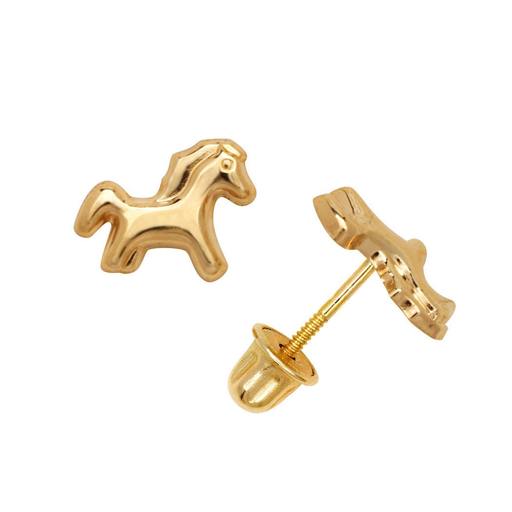 14k Gold CZ Horse Shaped Screw Back Earrings (Yellow or White)