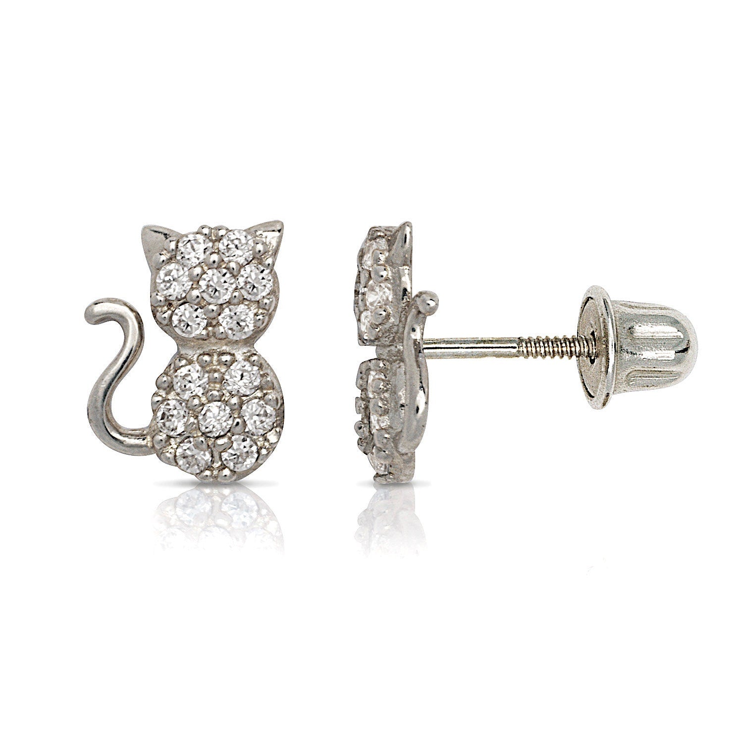 14k Gold 6x8mm CZ Sitting Cat Screw Back Earrings (Clear, Pink, or Red) (Yellow or White)