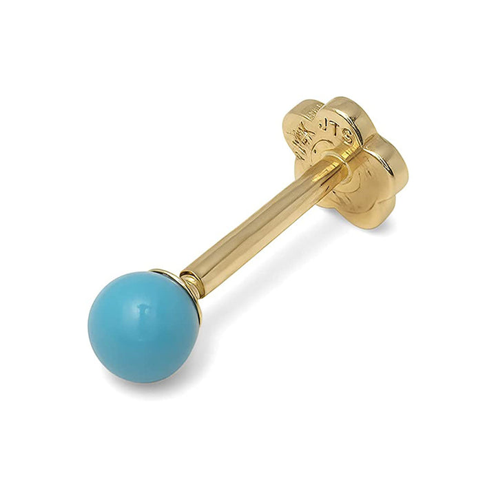 Solid 14k Yellow Gold 18G 3mm Created Blue Turquoise Labret Tragus Ear Lip Ring Cartilage Stud - Internally threaded  - Piercing Jewelry