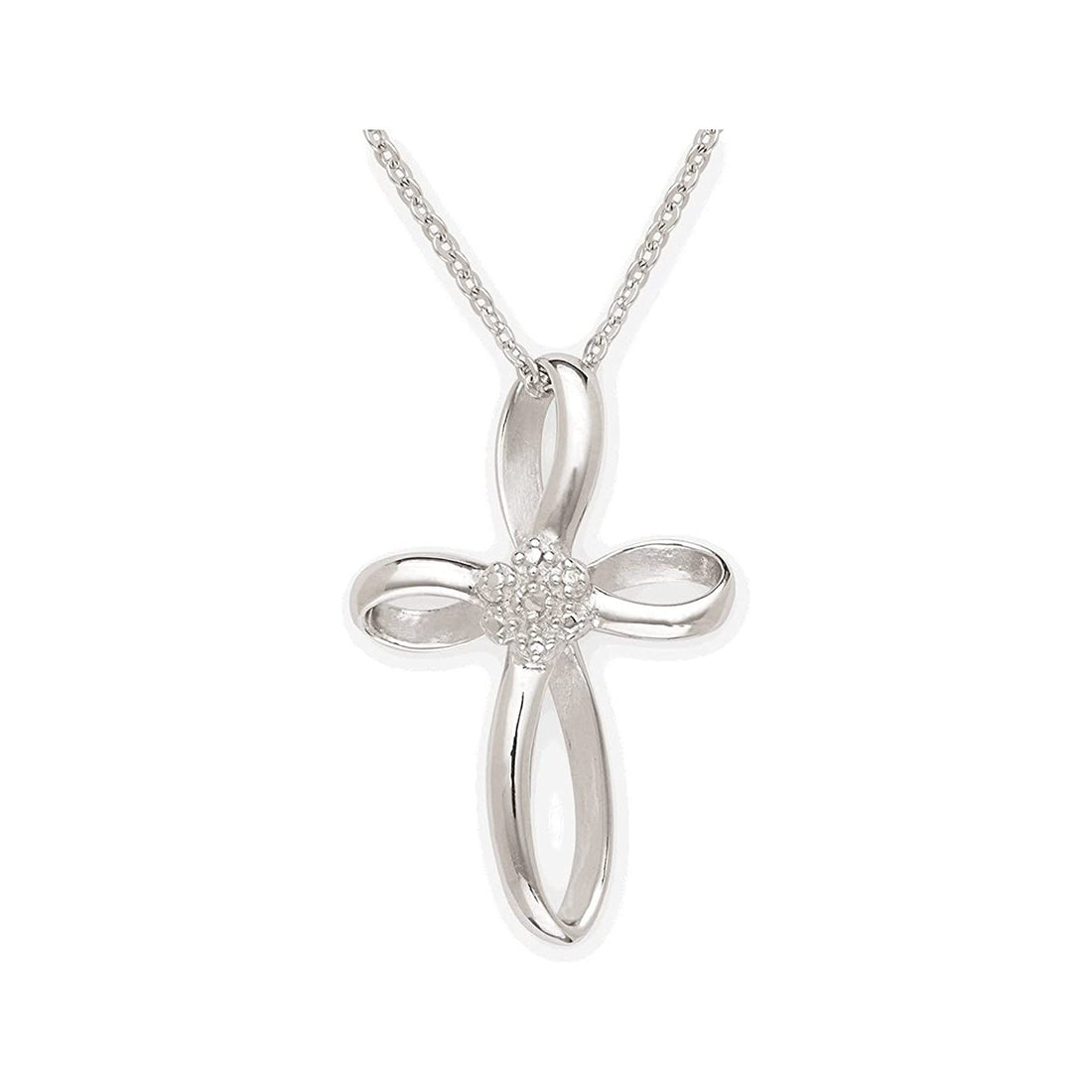 925 Sterling Silver Rhodium Plated 0.01ct Diamond Infinity Ribbon Cross Pendant Necklace - 18"