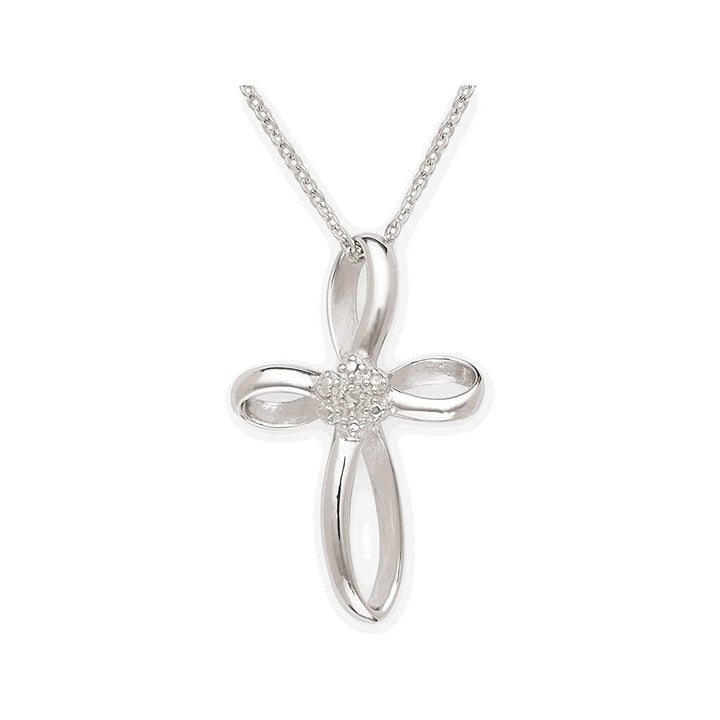 925 Sterling Silver Rhodium Plated 0.01ct Diamond Infinity Ribbon Cross Pendant Necklace - 18"