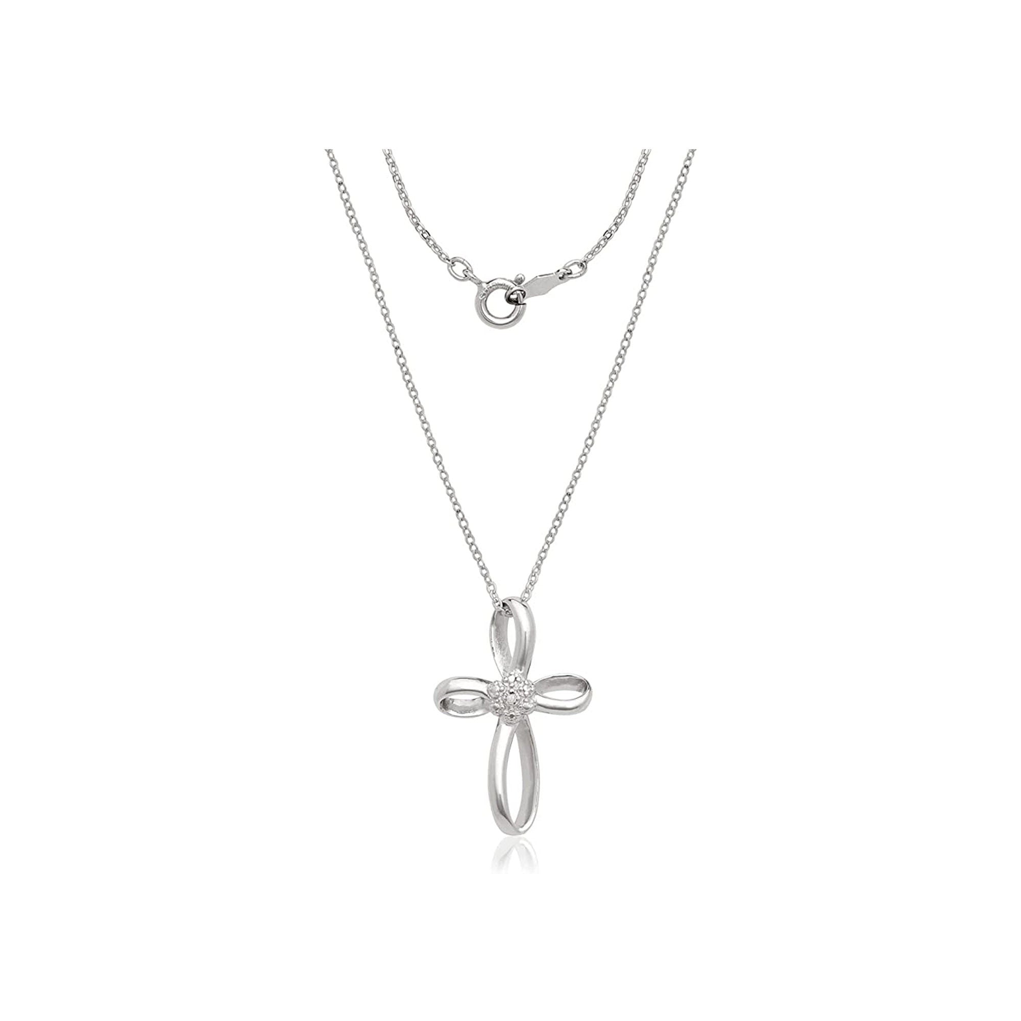 Sterling Silver 18" Rhodium Plated 0.01ct Diamond Infinity Ribbon Cross Necklace