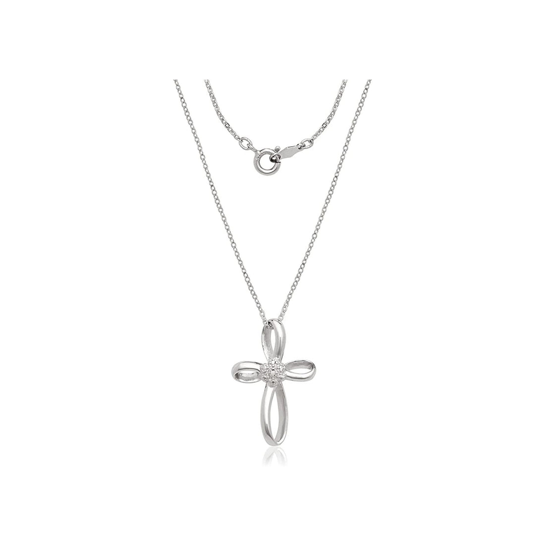 925 Sterling Silver Rhodium Plated 0.01ct Diamond Infinity Ribbon Cross Pendant Necklace - 18"