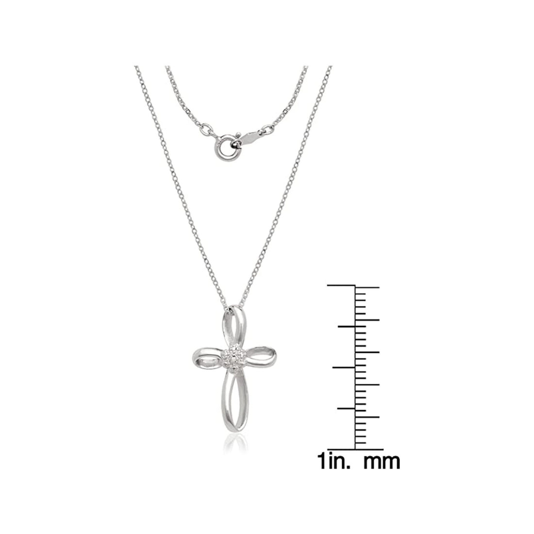 925 Sterling Silver Rhodium Plated 0.01ct Diamond Infinity Ribbon Cross Pendant Necklace - 18"