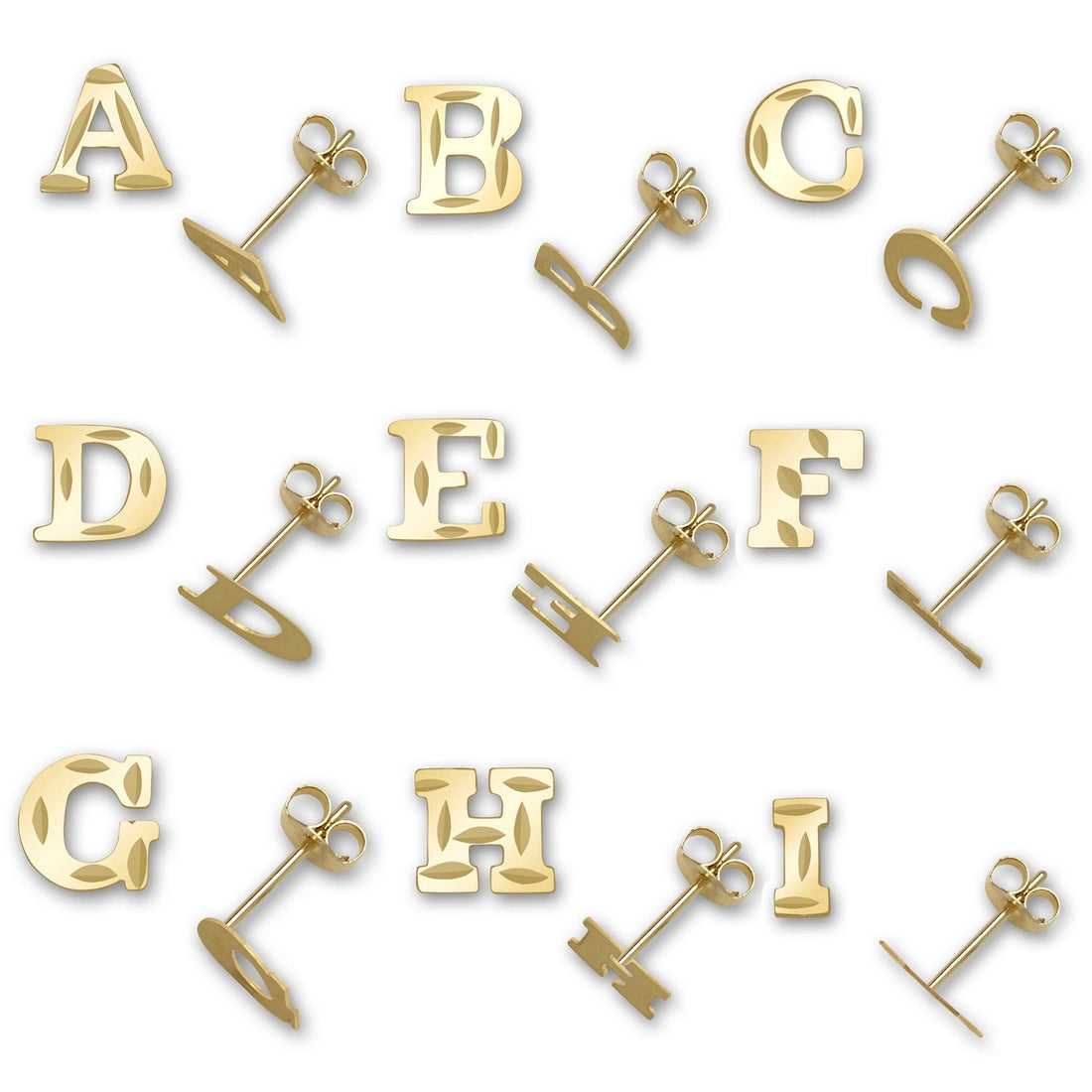 14k Yellow Gold Small Diamond-cut A-Z Initial Stud Earrings