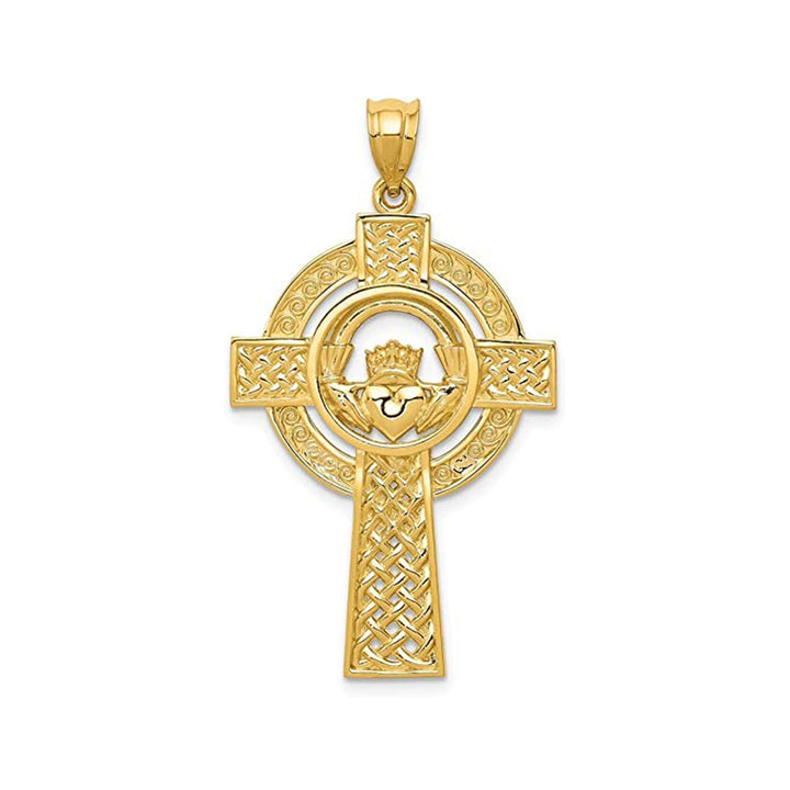 14k Gold Large Claddaugh Celtic Cross Necklace - 40x22mm