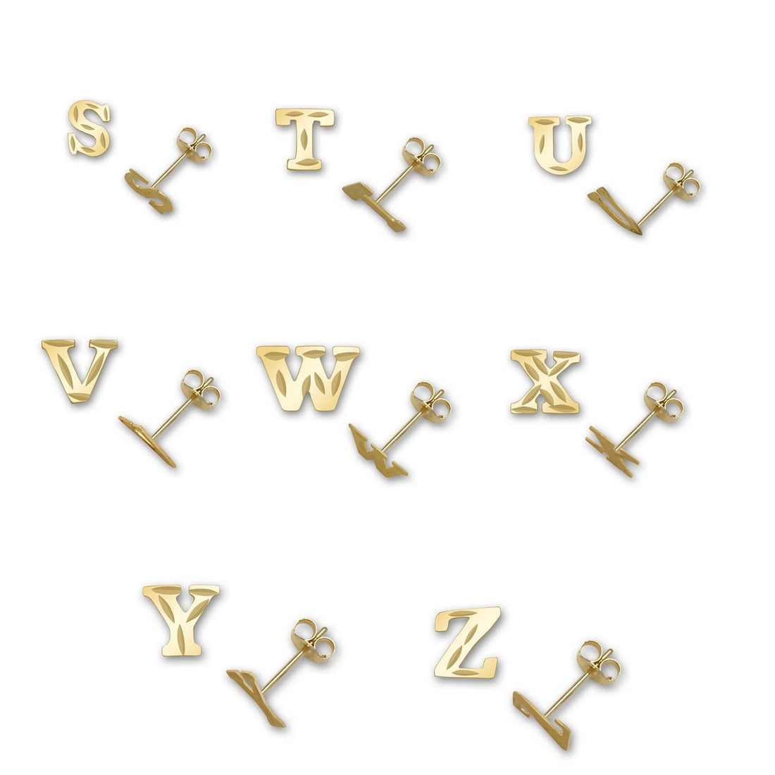 14k Yellow Gold Small Diamond-cut A-Z Initial Stud Earrings