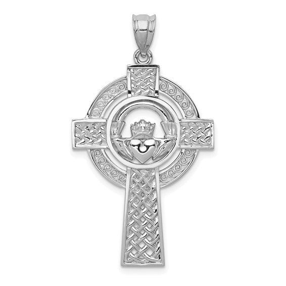 14k Yellow or White Gold Large Claddagh Celtic Cross Necklace - 40x22mm