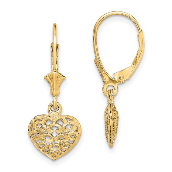 14k Yellow or White Gold Puffed Cut-out Heart Dangle Lever Back Earrings