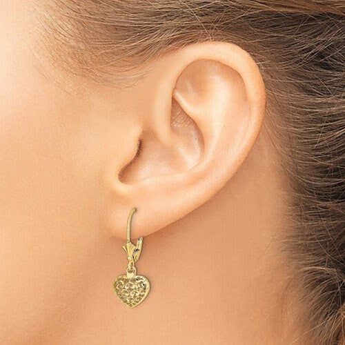 14k Yellow or White Gold Puffed Cut-out Heart Dangle Lever Back Earrings