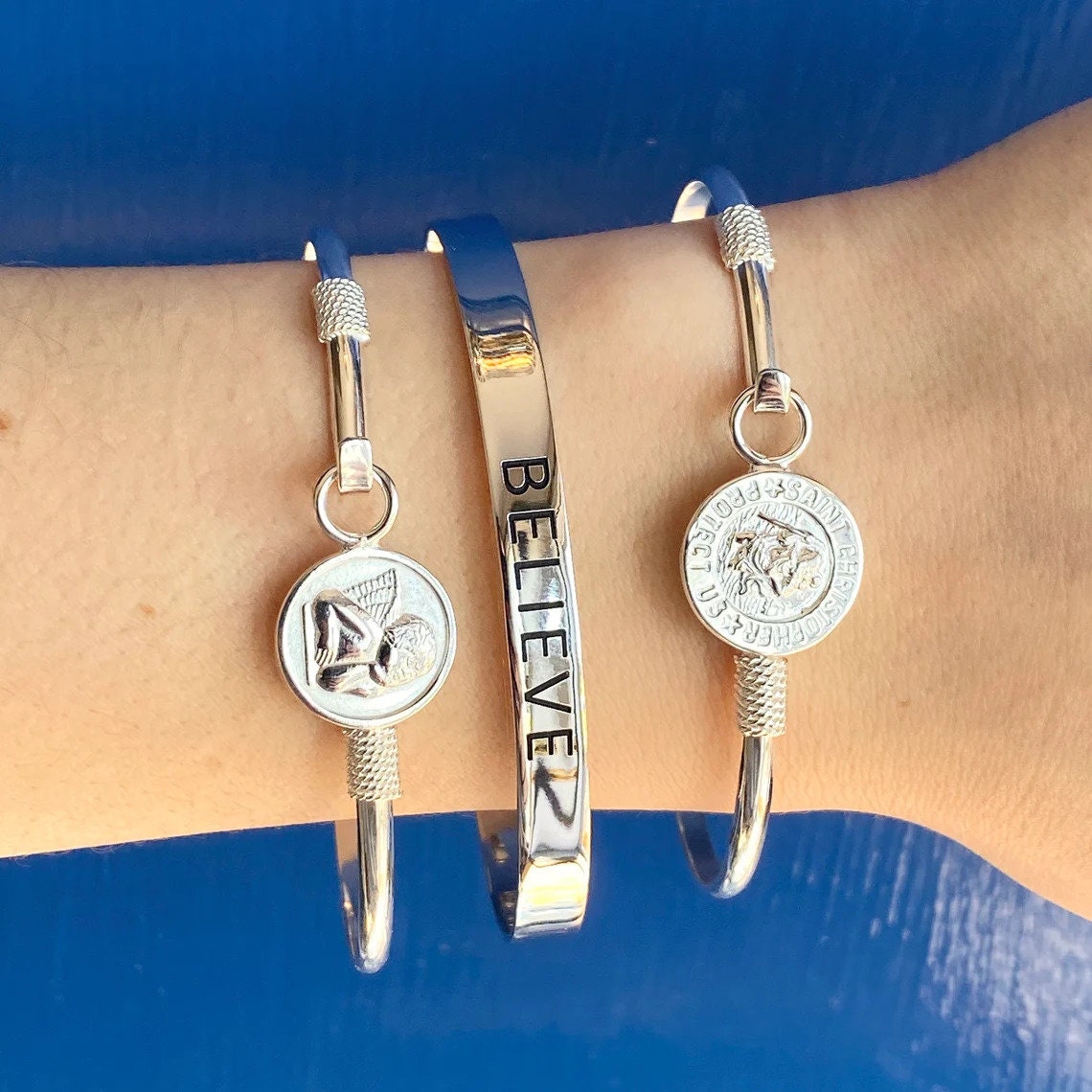 925 Sterling Silver Polished Saint Christopher Hook Bangle Bracelet