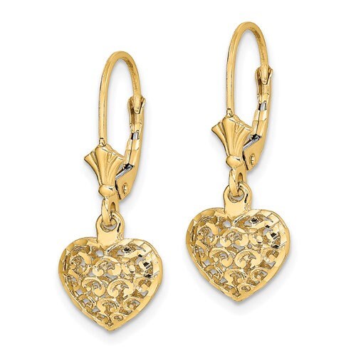 14k Yellow or White Gold Puffed Cut-out Heart Dangle Lever Back Earrings