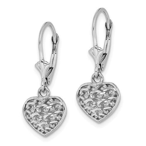 14k Yellow or White Gold Puffed Cut-out Heart Dangle Lever Back Earrings