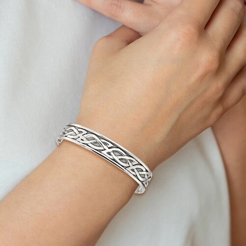 925 Sterling Silver Antiqued Claddagh Celtic Woven Flexible Cuff Bangle Bracelet