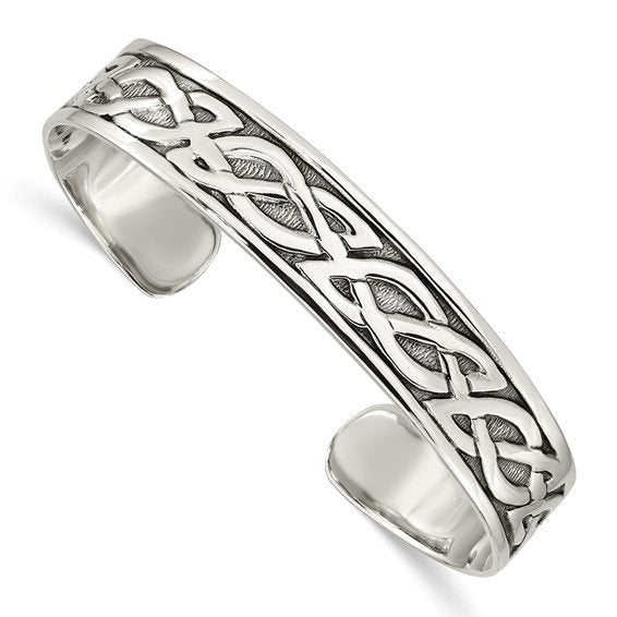 925 Sterling Silver Antiqued Claddagh Celtic Woven Flexible Cuff Bangle Bracelet