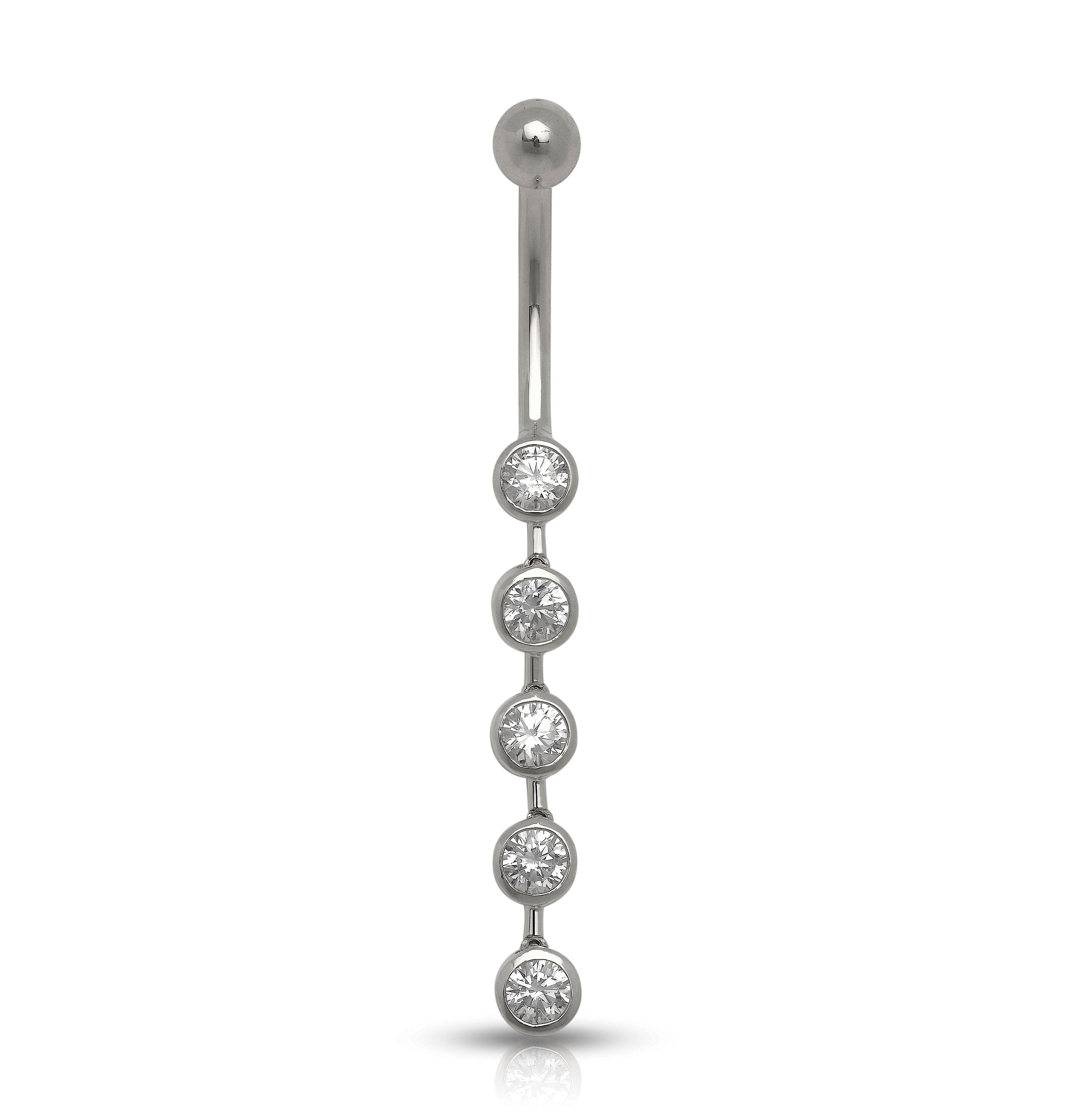 14k Yellow or White Gold 14G Five Stone Linear Drop Dangle CZ Belly Ring - 4x40mm