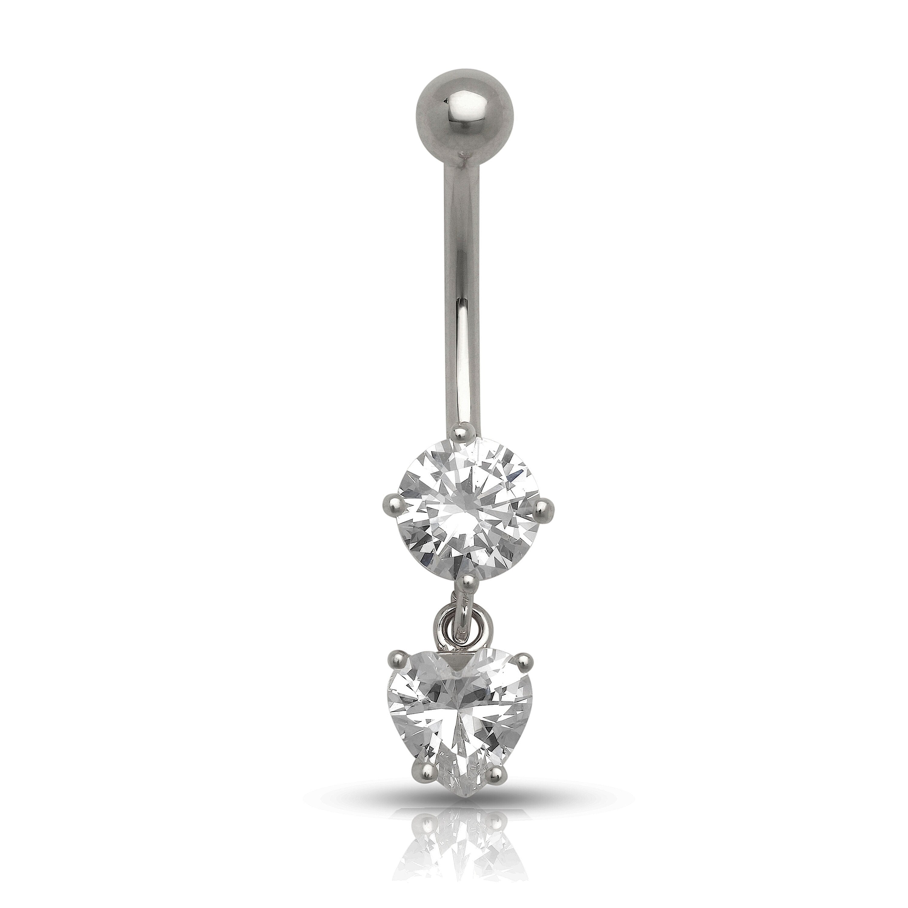 14k Yellow or White Gold 14G Double Drop Round Heart CZ Dangle Belly Ring - 6x30mm