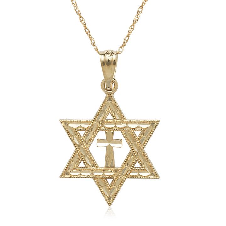 14k Yellow Gold Diamond-cut Star of David Cross Interfaith Necklace