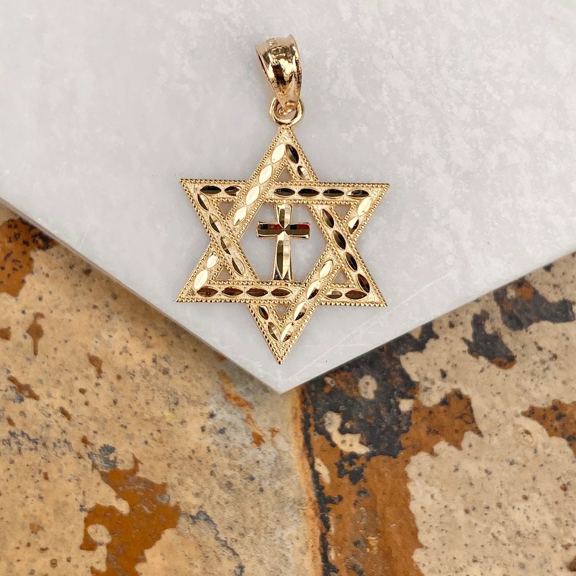 14k Yellow Gold 18" Diamond-cut Star of David Cross Interfaith Necklace