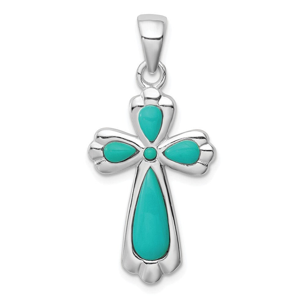 925 Sterling Silver Simulated Turquoise Flared Cross Pendant Necklace - 16x25mm