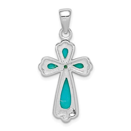 925 Sterling Silver Simulated Turquoise Flared Cross Pendant Necklace - 16x25mm