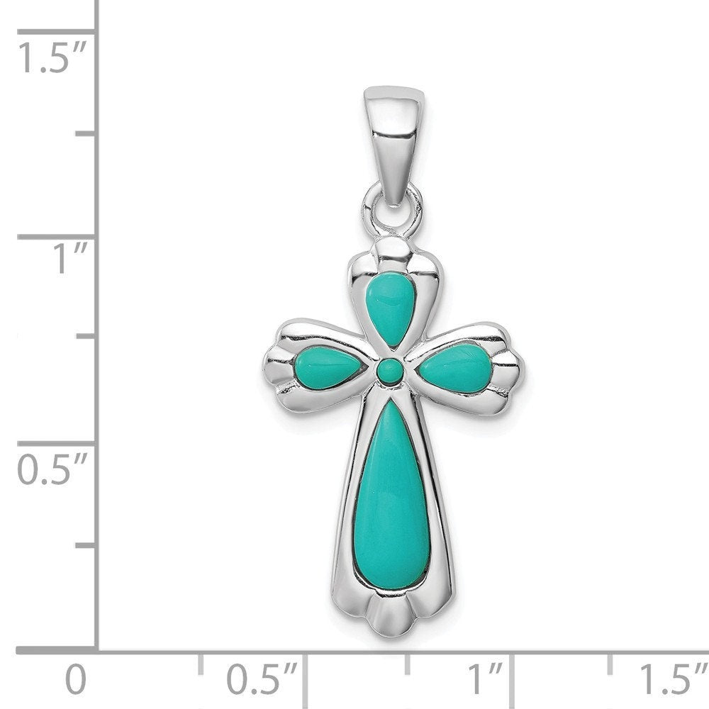 925 Sterling Silver Simulated Turquoise Flared Cross Pendant Necklace - 16x25mm