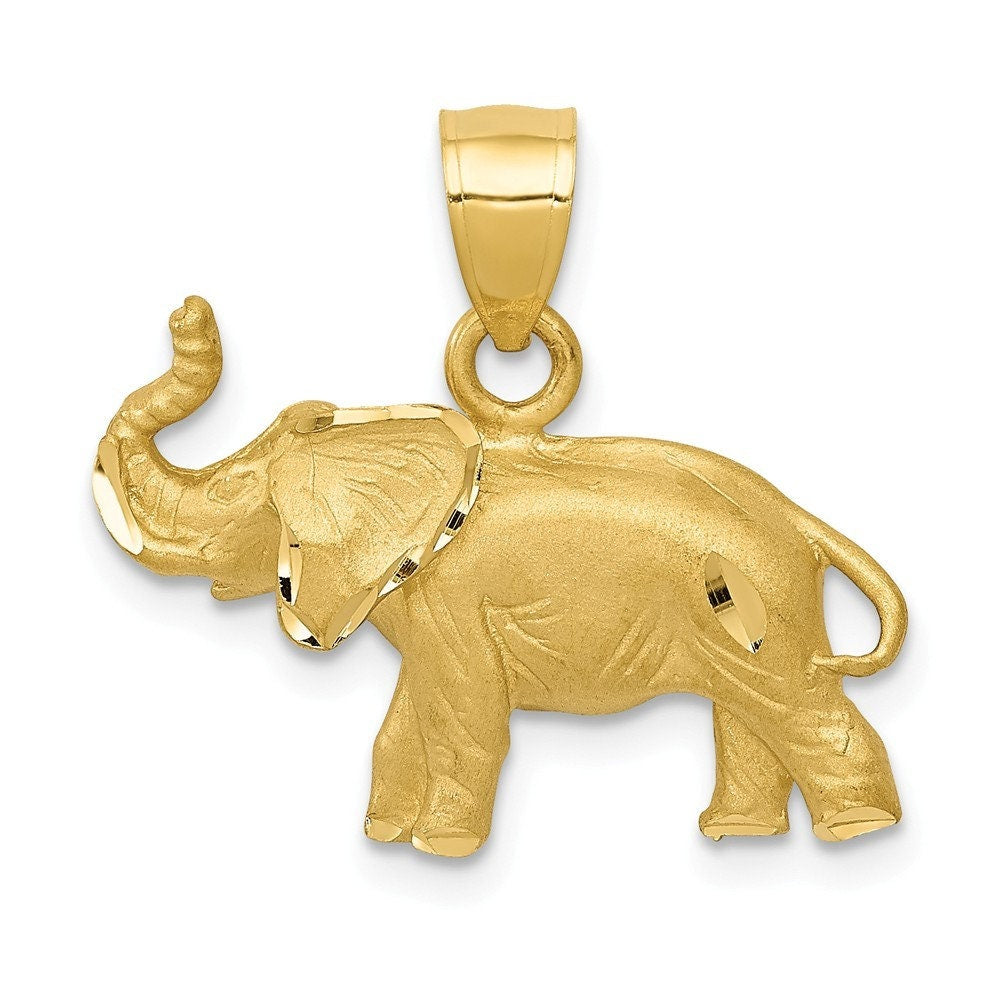 10k or 14k Yellow Gold Solid Satin Elephant Pendant Necklace - 12x19mm