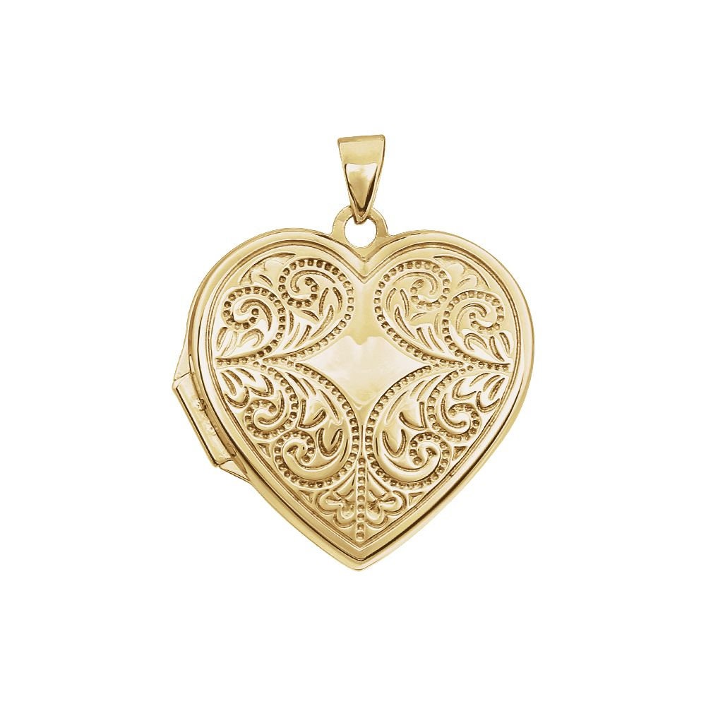 14k Yellow Gold Scroll Heart Shaped 2 Photo Locket Pendant Necklace