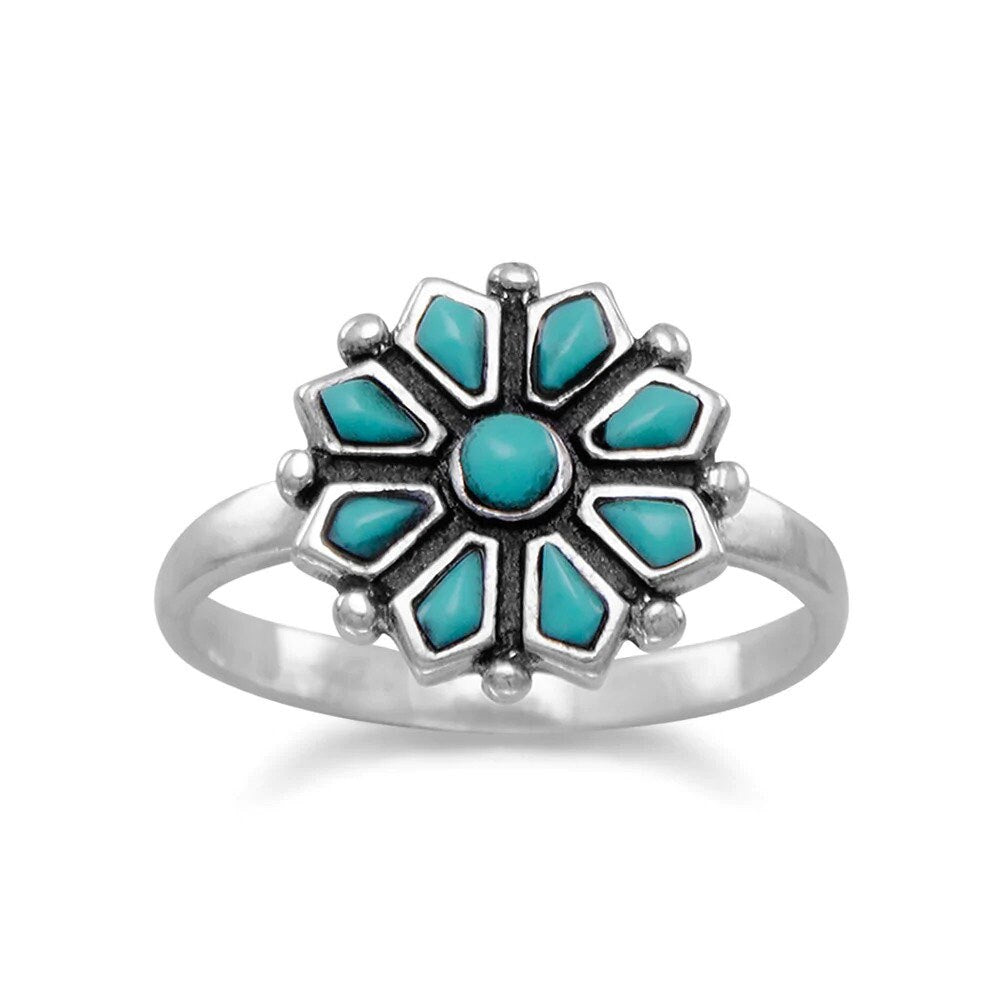 925 Sterling Silver Antiqued Reconstituted Turquoise Ring - Turquoise Flower Ring - Artisan Vintage Ring Women - Unique Ring - Boho Ring