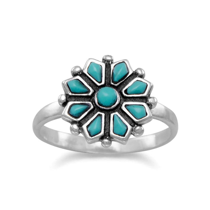 925 Sterling Silver Antiqued Reconstituted Turquoise Ring - Turquoise Flower Ring - Artisan Vintage Ring Women - Unique Ring - Boho Ring